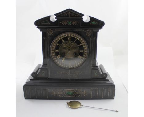 A Victorian slate mantel clock in the Classical style with pediment with gilt-heightened and malachite decoration above a gil