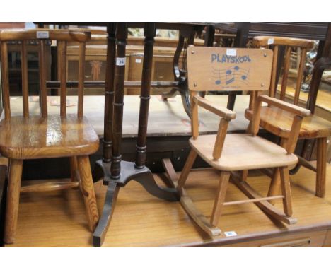 A 19th century octagonal mahogany side table on three faux bamboo turned supports to tripartite base, diameter 50cm, and thre