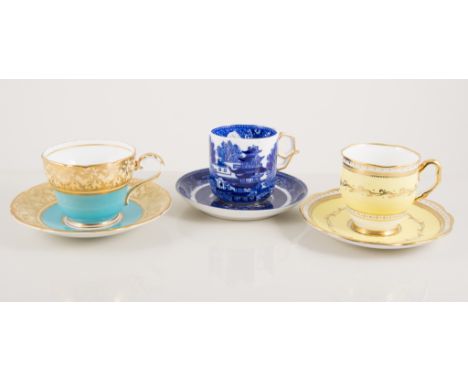 Four cups and saucers, including a Granger Worcester painted with Chinese pagodas