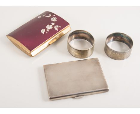 Silver engine turned cigarette case, 8cm x 6cm, hallmarked Birmingham 1926, a pair of silver-plated napkin rings and a ladies