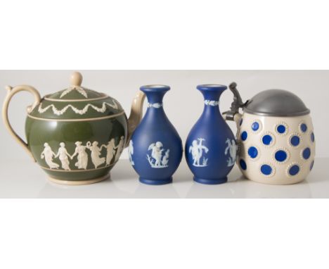 Pair of Wedgwood blue jasperware pear shaped vases, a Copeland Spode stoneware teapot, (damaged), a German stoneware stein an