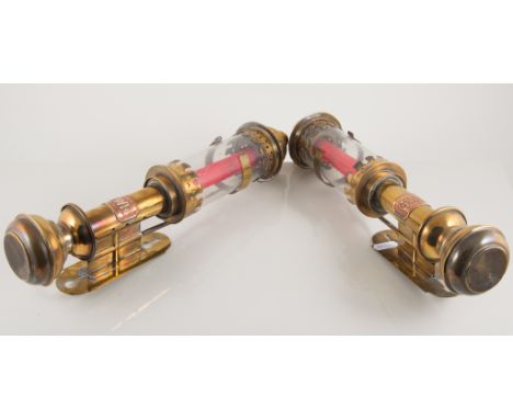 Pair of brass carriage candle lamps, bearing embossed plaque "G.W.R.", height 36cm.