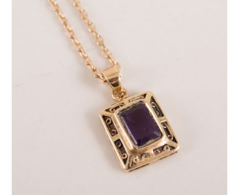 Two rings and two pendants a chain and earrings, all set with purple stones, the pendant on a 9 carat yellow gold chain. 