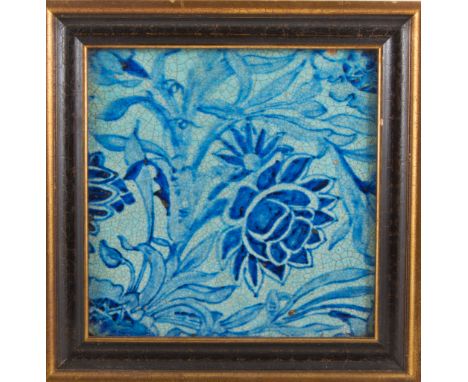 Isnik style tile, blue painted with flowers and leaves, 8" sq, framed.