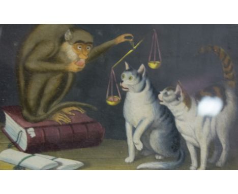 A watercolour, monkey and cats with scales and documents, over a print foundation, 11cm x 17cm.