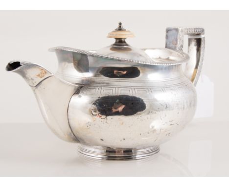 Regency silver teapot, maker's mark R.H/ S.H, London, 1805, compressed form, gadrooned and engine turned decoration, replacem