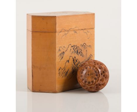 Chinese caddy box, lozenge-shaped form, carved with a mountain scene, multiple character mark to the reverse, 9cm; and a carv