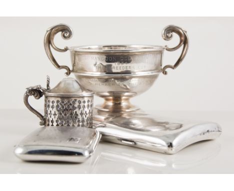 Silver campana shaped trophy cup, Rangoon Dog Show 1934, two silver cigarette cases and a silver mustard pot, (4).