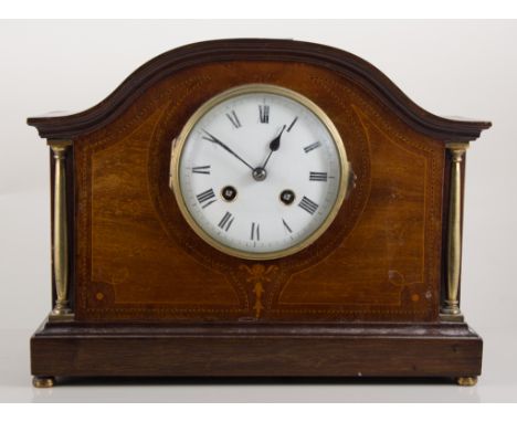Edwardian inlaid mahogany mantel clock, Japy Freres & Cie movement, striking on a gong, 22cm high.