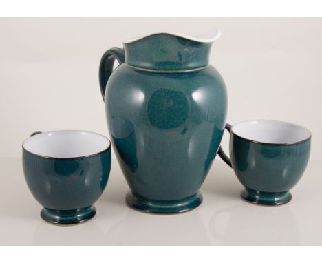 Modern Denby dinner service and part tea service, comprising of 6 dinner plates, side plates, tea cups with saucers, jugs, an