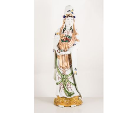 Chinese polychrome porcelain standing figure holding a scroll, 48.5cm.