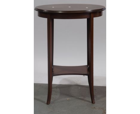 Edwardian inlaid mahogany oval top occasional table, with undertier shelf, 53cm x 37cm x 72cm.