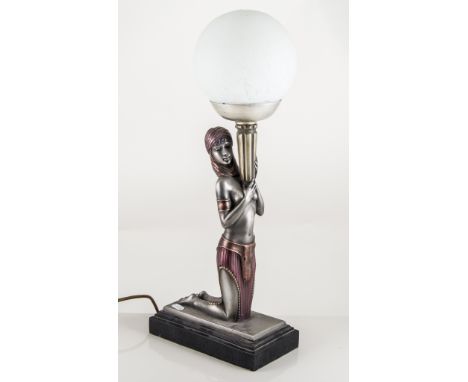 Modern table lamp in Art Nouveau style, lady holding a torch with lustre glass shade, height 45cm.