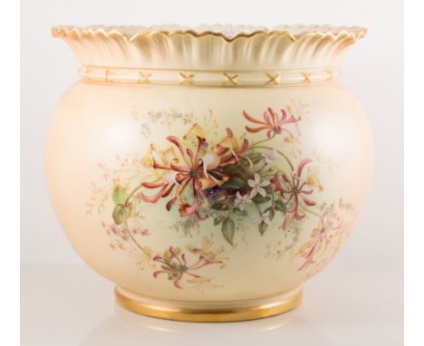 A Royal Worcester jardiniere, date mark for 1901, flared and frilled rim, decorated with honeysuckle and other flowers on a p