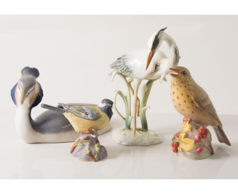 Royal Copenhagen Crested Grebe model 3263, Puppy,1407, Sparrow, 1519, Mouse on Chestnut, 511 together with three Worcester bi