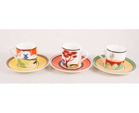 Set of eight Bradford Exchange coffee cans and saucers, after Clarice Cliff design, by Bradford Exchange, (8).