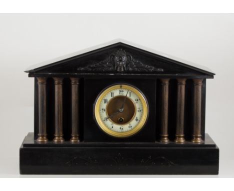 Victorian slate mantle clock, architectural case with three columns on either side of the dial, French movement, 28cm high.