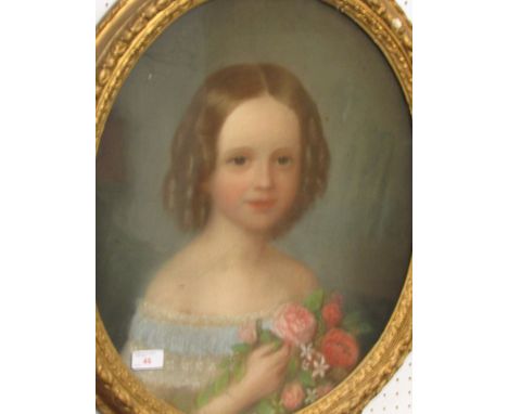 Pastel portrait of girl holding roses, unsigned, probably 19th century, (53cm x 43cm) glazed and in an oval gilt gesso frame,