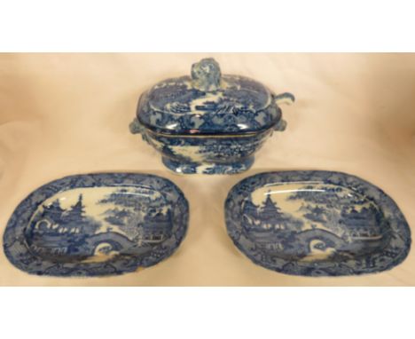 19th century pottery sauce tureen and ladle with two oblong dishes transfer decorated in blue and white willow pattern with s