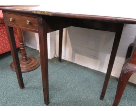 Oak Pembroke type gate-leg tea table with folding square top, the single drawer with brass handles, standing on straight squa