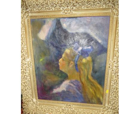 Portrait of girl with blue bow in her hair, oil on canvas, signed Pierre Venit (?) lower left, (58cm x 49cm) in a moulded gil