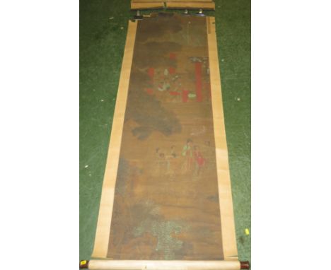 *revised catalogue description* Chinese scroll picture depicting house and garden scene with figures, printed with some hand 
