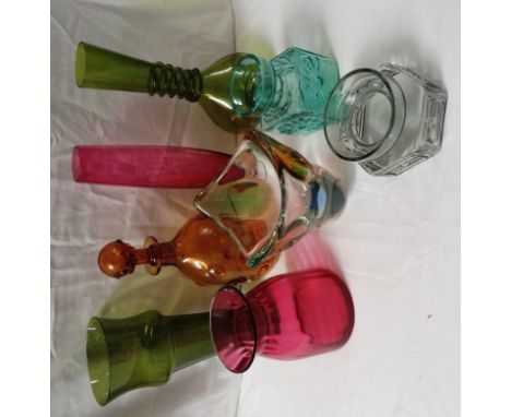 Two Dartington cranberry glass vases, a Whitefriars amber glass dimpled decanter (height 25cm) with etched mark to base, and 