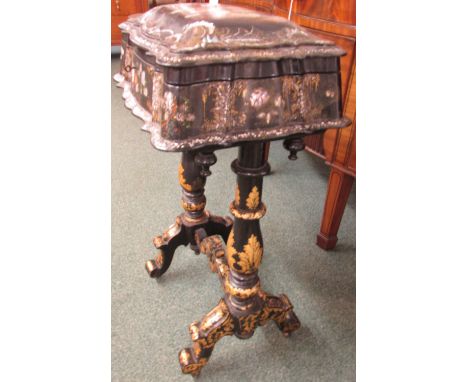 Victorian papier mache sewing box finished in black lacquer, the top painted with flowers and inset with mother of pearl, sil