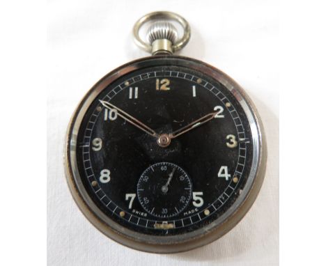 An army pocket watch in a steel case, serial no. P3647 GS/TP XX, with black dial