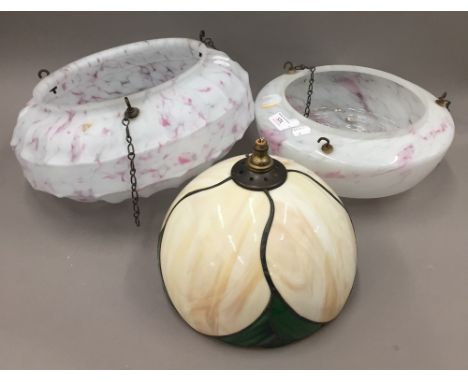Two Art Deco coloured glass hanging shades and another