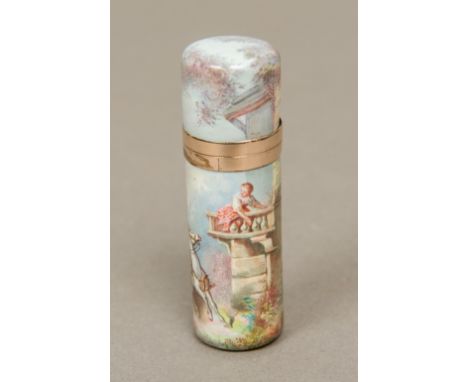 A 19th century enamel perfume flask, of circular section, finely painted with a fairy tale scene of a horseman and damsel, th