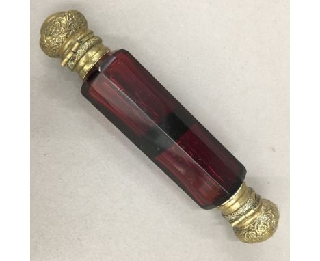 A Victorian ruby glass double ended scent bottle