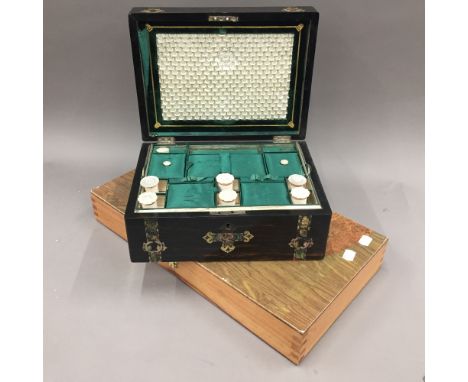 A mother-of-pearl inlaid coromandel work box, part fitted, together with a printed backgammon board