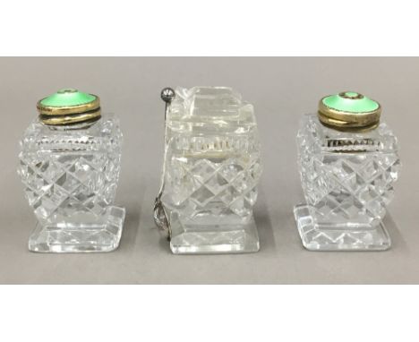 A pair of Norwegian silver and enamel cut glass salts and peppers and mustard en-suite