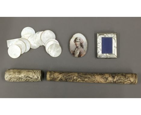 A quantity of Chinese mother-of-pearl counters, portrait miniature, etc.
