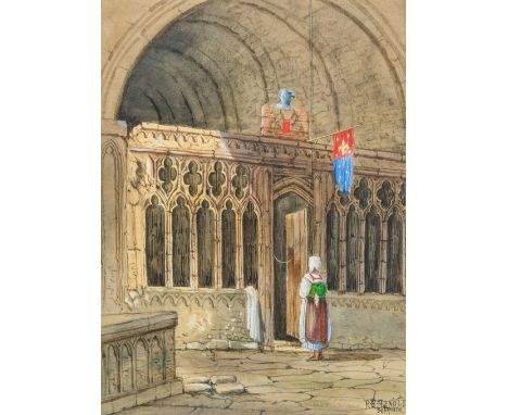 R ARNOLD (19th century) BritishContinental Figure in a Cathedral InteriorWatercolour heightened with bodycolour, signed and d