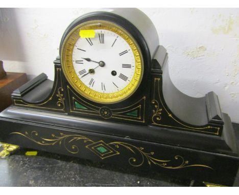 VICTORIAN MANTEL CLOCK, malachite inlaid black marble mantel clock on gilt claw feet, 30cm height 