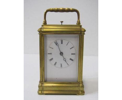 REPEATER CARRIAGE CLOCK, coiled bar strike with plain white enamel face, 13cm height. Some light tarnishing and signs of use 