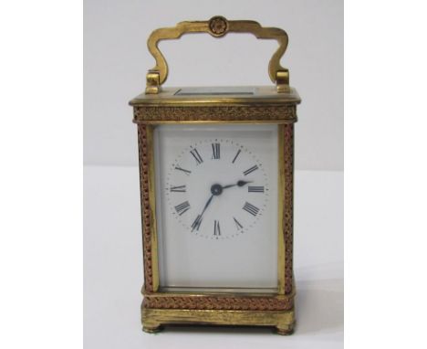CARRIAGE CLOCK, ornate foliate bordered and bevelled glass windows, 12cm height 