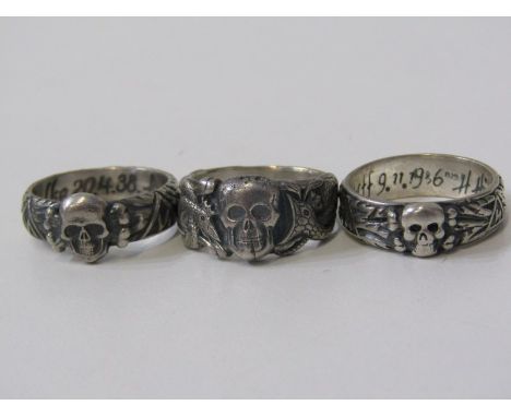 SILVER RINGS, 3 silver skull and cross bone rings, approx. size U.&nbsp;Rings between 20mm-24mm diameter. Sizes T/U, T &amp; 