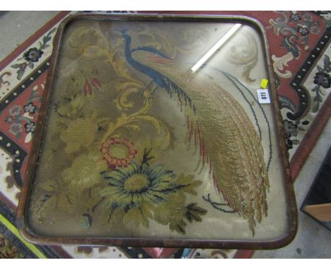 EARLY VICTORIAN ROSEWOOD TREFOIL BASE WINE TABLE, with exotic bird tapestry glazed top