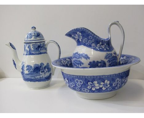 BLUE TRANSFER WARE, early 19th Century pearl ware "Tavern" pattern coffee pot, also Copeland Spode "Tower" pattern water jug 