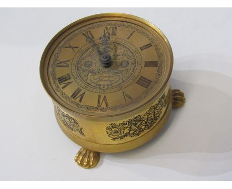 BRASS DRUM CLOCK, by Sinclair Harding, 11cm diameter 