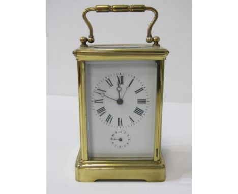 REPEATER CARRIAGE CLOCK, with unusual second hand feature and secondary alarm dial, coiled bar strike, 14cm height