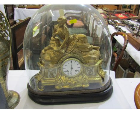 19th FRENCH MANTEL CLOCK, gilded mantel clock under dome, with reclining young lady reading book, cresting, movement Bolville