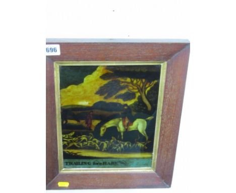 HUNTING, 19th CENTURY REVERSE GLASS PICTURE, "Trailing for a Hare", 25cm x 20cm 