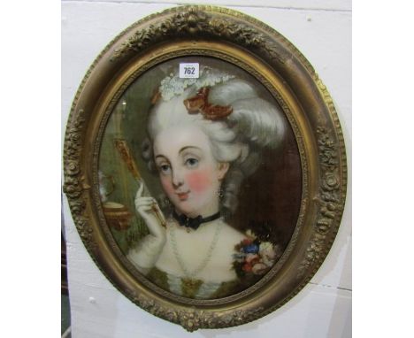 ANTIQUE REVERSE GLASS PORTRAIT, early 19th Century oval reverse glass portrait "Female Courtier with fan", 43cm x 35cm