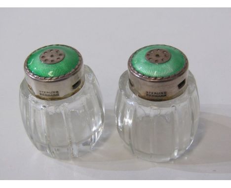 SILVER &amp; ENAMEL PEPPERETTES, pair of Danish pepperettes with green enamel tops and silver banding, both stamped sterling 