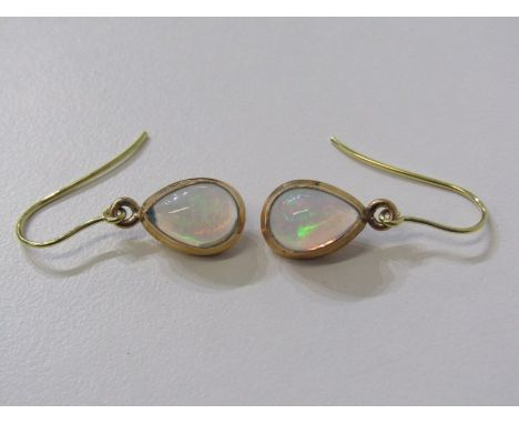 OPAL DROP EARRINGS, pair of 9ct yellow gold and wire drop earrings, set 2 large pear shaped opals.&nbsp;The wire is gold and 