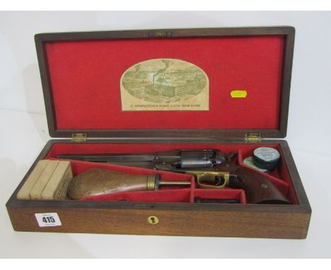 19th CENTURY REMMINGTON PISTOL, 1862 Remington pistol, in later fitted box, fitted 19th Century powder flask, decorated hunti